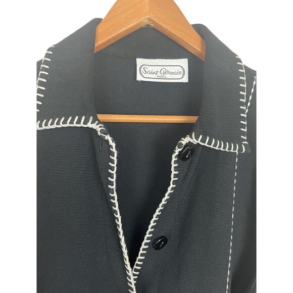 Vintage SAINT GERMAIN PARIS Size M/L Black Knit Embroidered Cardigan Jacket - Picture 6 of 8